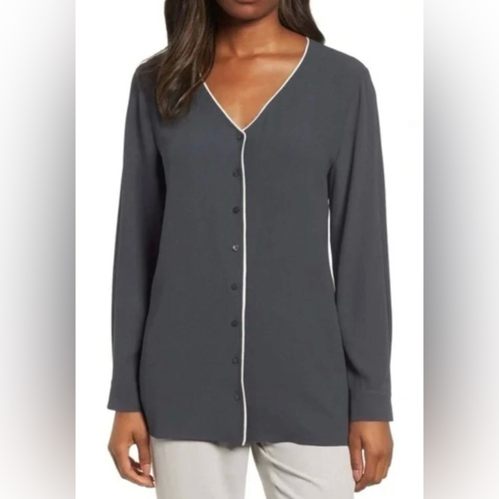 NEW Eileen Fisher Silk Georgette Crepe Button Down V-Neck Blouse, Gray, Small
